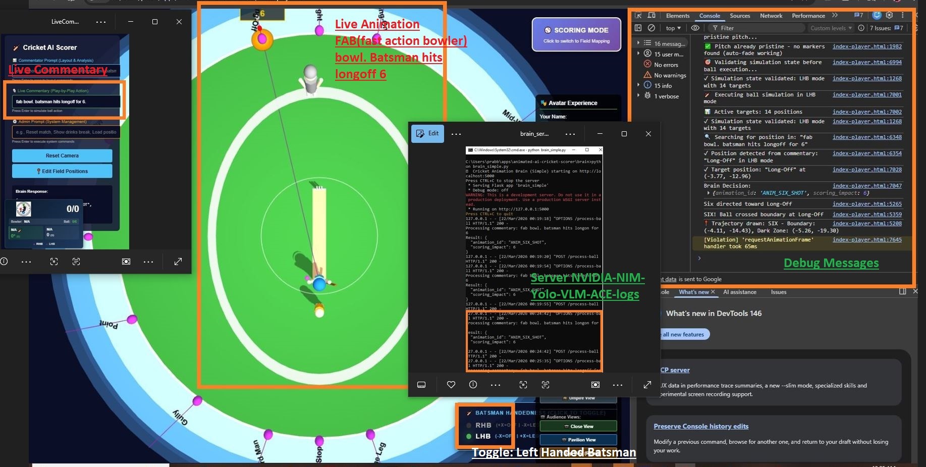 Debug Mode - Combining Server Log, Live Commentary, Animation and Debug Info showing NVIDIA NIM, YOLO, VLM infrastructure